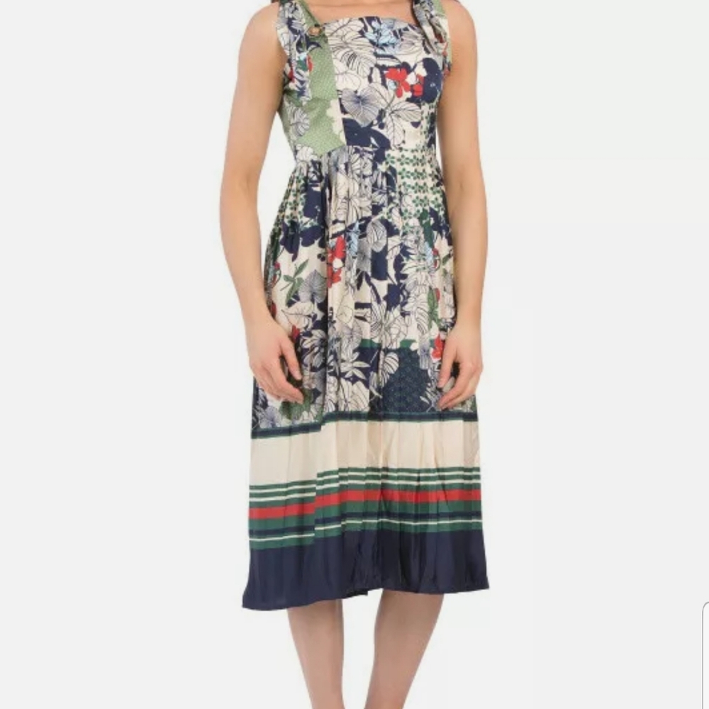 DALIA MACPHEE Floral Tie Shoulder Printed Pleated Midi Dress